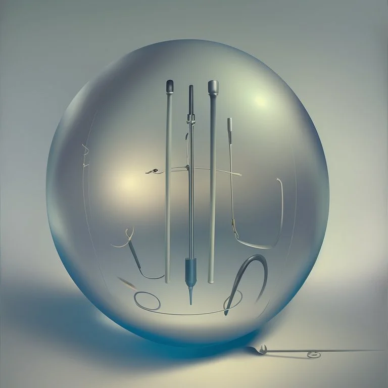 unverse-like Soap Bubble including complex surgical instruments mixed with musical instruments,minimalism,Painting By Adrian Ghenie, Rene Magritte, Salvador Dali, Lucian Freud