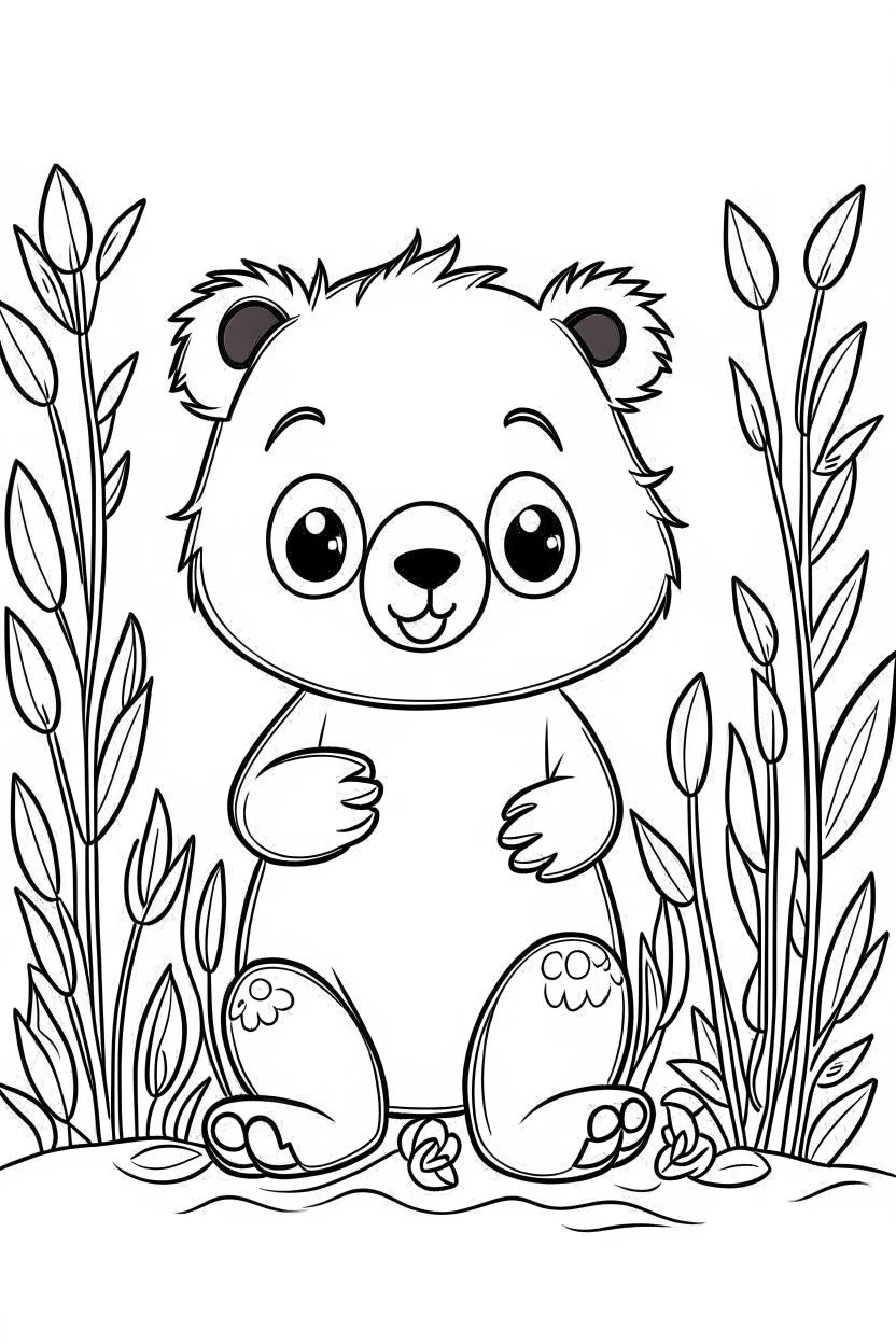 cute coloring page, sketch style, cute baby bearin the wood, cute cartoon, white and black, withe background, no shadows, outline.