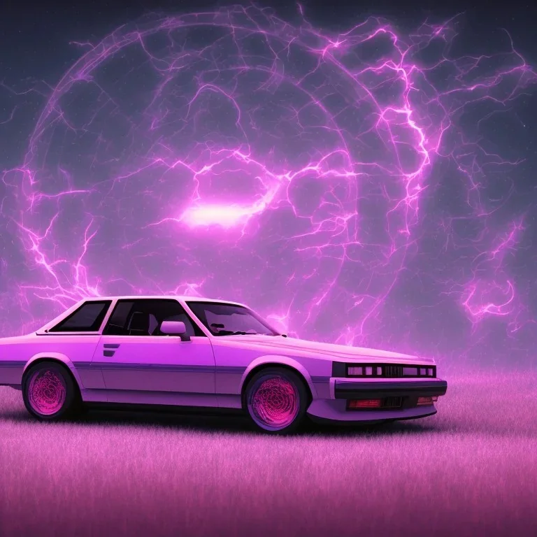 1980's aesthetic vaporwave car glowing in a dark field at night