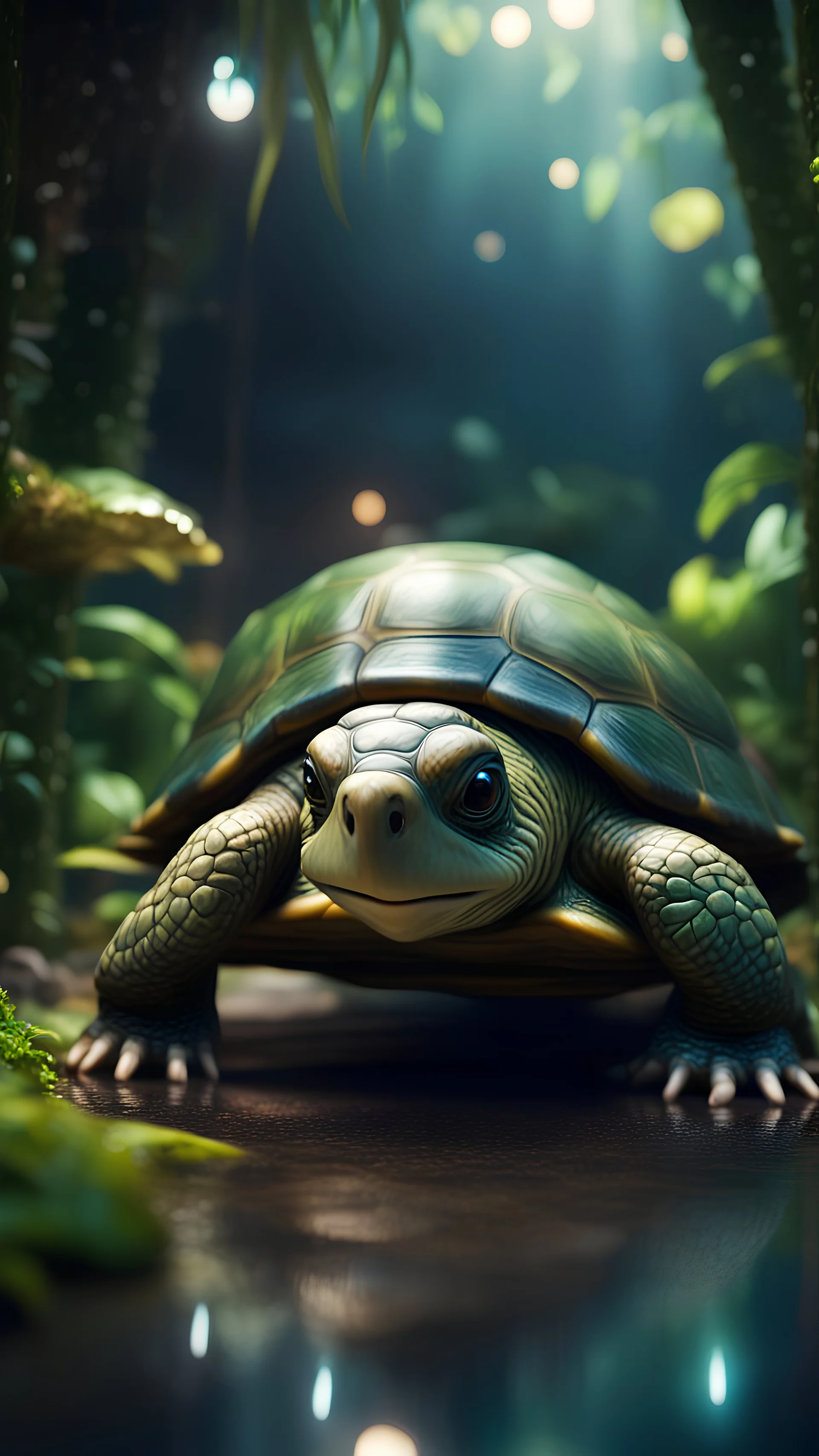 Austrich turtle with friendly cute face and hair locks in dark lit reflective wet jungle metallic hall dome hotel tunnel, in the style of a game,bokeh like f/0.8, tilt-shift lens 8k, high detail, smooth render, down-light, unreal engine, prize winning