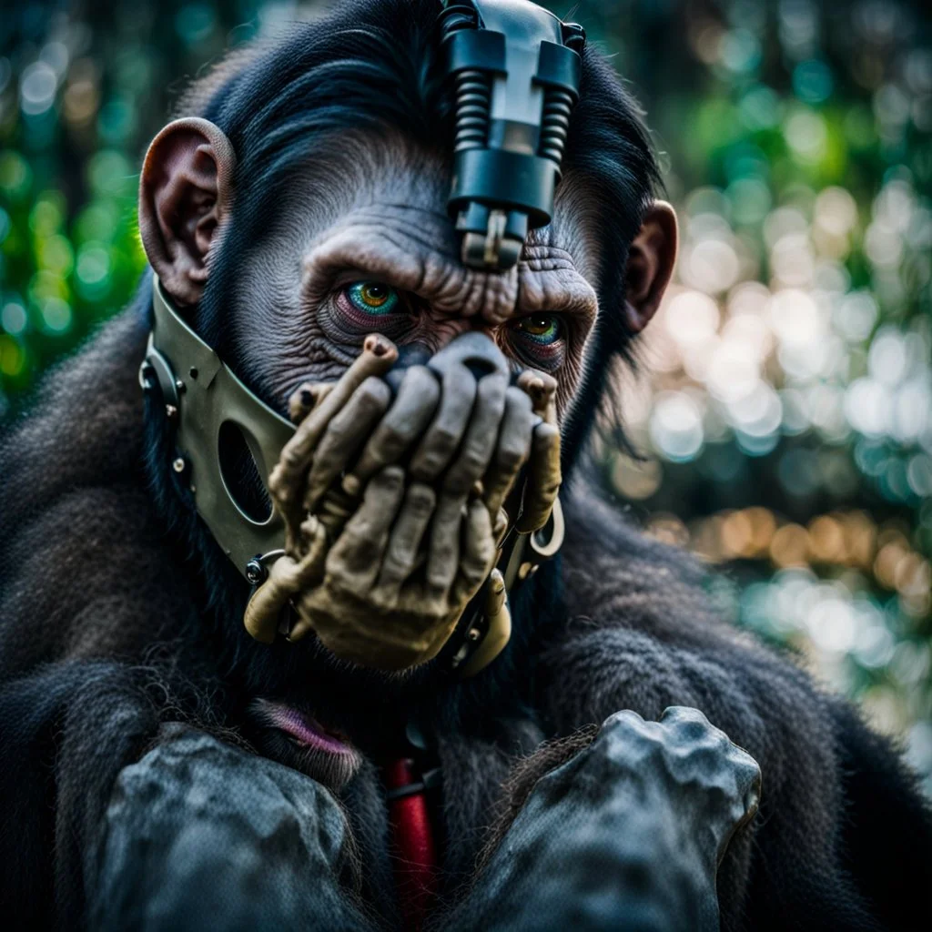 Cyborg, Ape, Primate, hominid, breathing device, respirator, solarpunk, Dystopian, Extreme depth of field, bokeh blur, Alberta, all-natural, in the style of candid, Fuji Film, Anamorphic lens