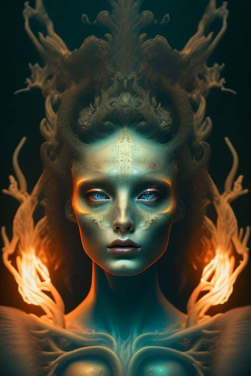 portrait photography of an ethereal beautiful animal goddess, Fire theme art, Dark moody night atmosphere, Portrait of a man by Michelangelo, 8K, close-up face, anatomically perfect face, oak tree roots, ignore NSFW