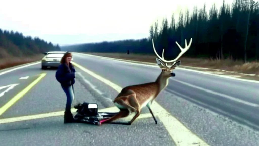 upset lady points handgun at deer carcass on the highway