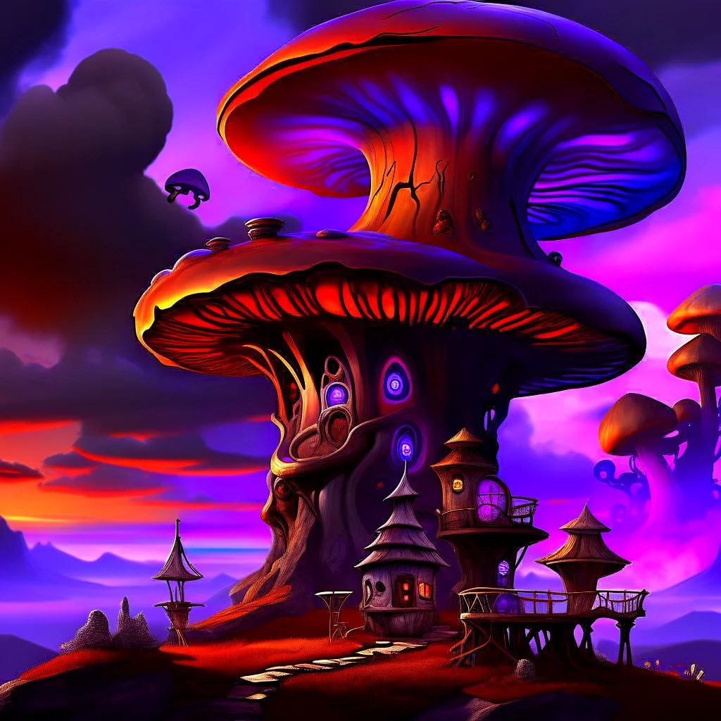 A fantabulous black, purple and orange (((mushroom tower house))) erected atop a (geologic pillar), surrounded by the uncanny imaginative ((( swirling skies))), offset by the stark hues of a (neon-tinged nebulous space scape), within. captured by the hand a skilled master painter with a focus on (softly blurred compositions and voluminous lighting).