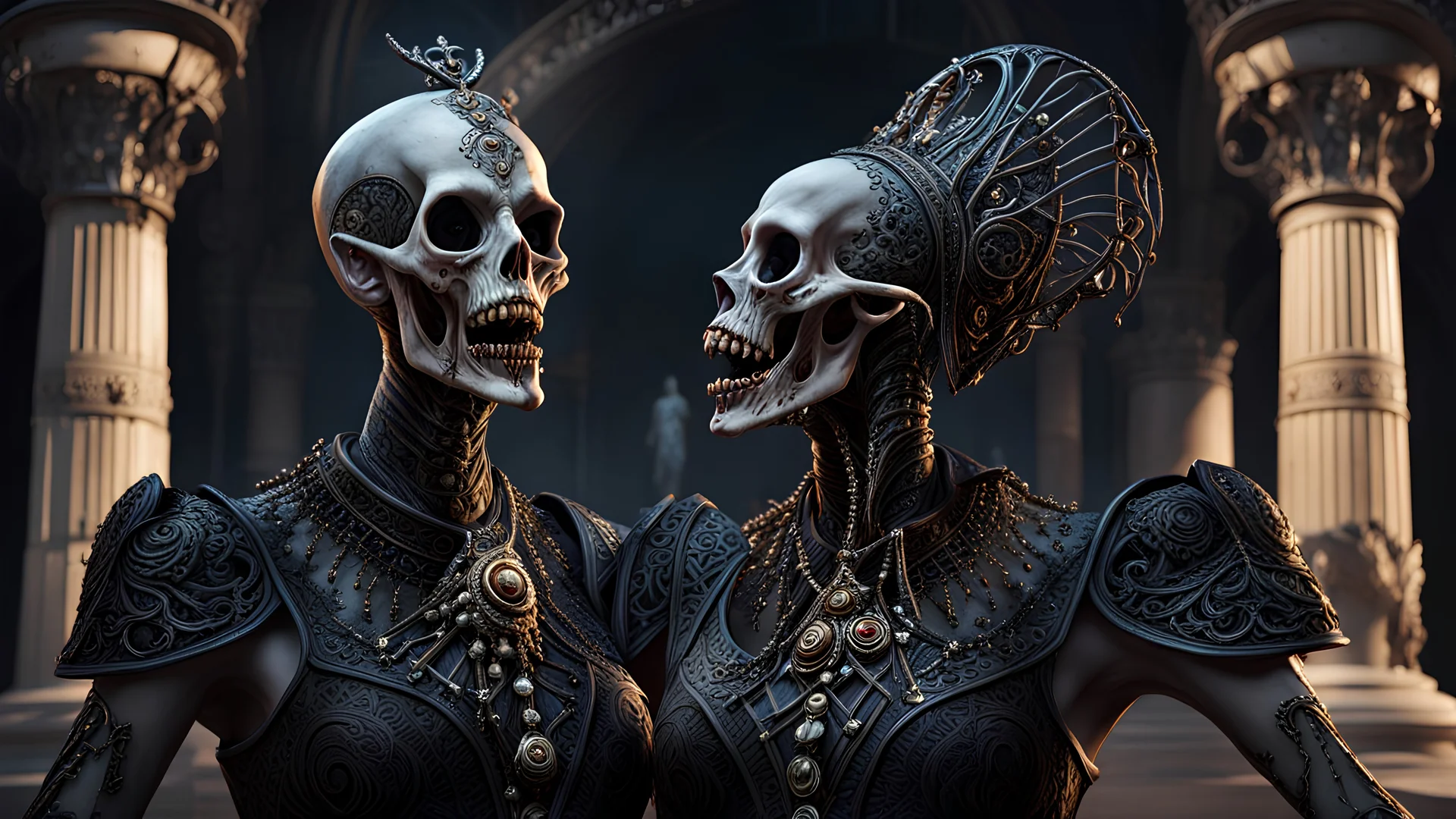 a dark macabre opera with zombie alien singers, Eerie, Painted bone, filigree, outside coliseum, Dark Fine Arts, Morbid Fine Arts, Macabre Fine Arts, 16k Resolution, Trending On Artstation, High Quality, Sharp Focus, Intricate Details, Intricate Patterns, Chaotic, Dynamic Lighting, Backlit, Professional Photography, Canon Lens, Full Figure Shot, Deep Color, copper and Silver Hour