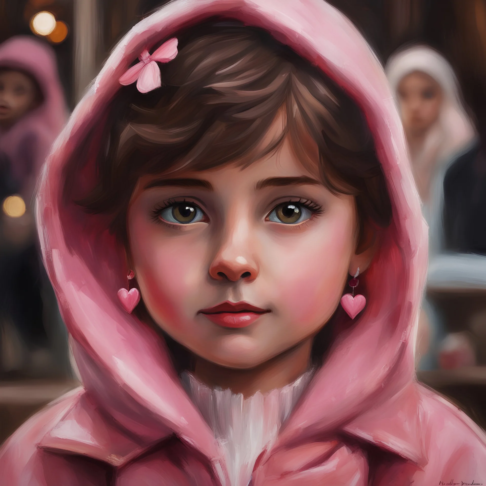 Painting of a cute girl with lovely eyes and short brown hair in a pink jacket and heart earrings, hazel eyes, oil pastel, oil pastel painting, oil painting, painting style