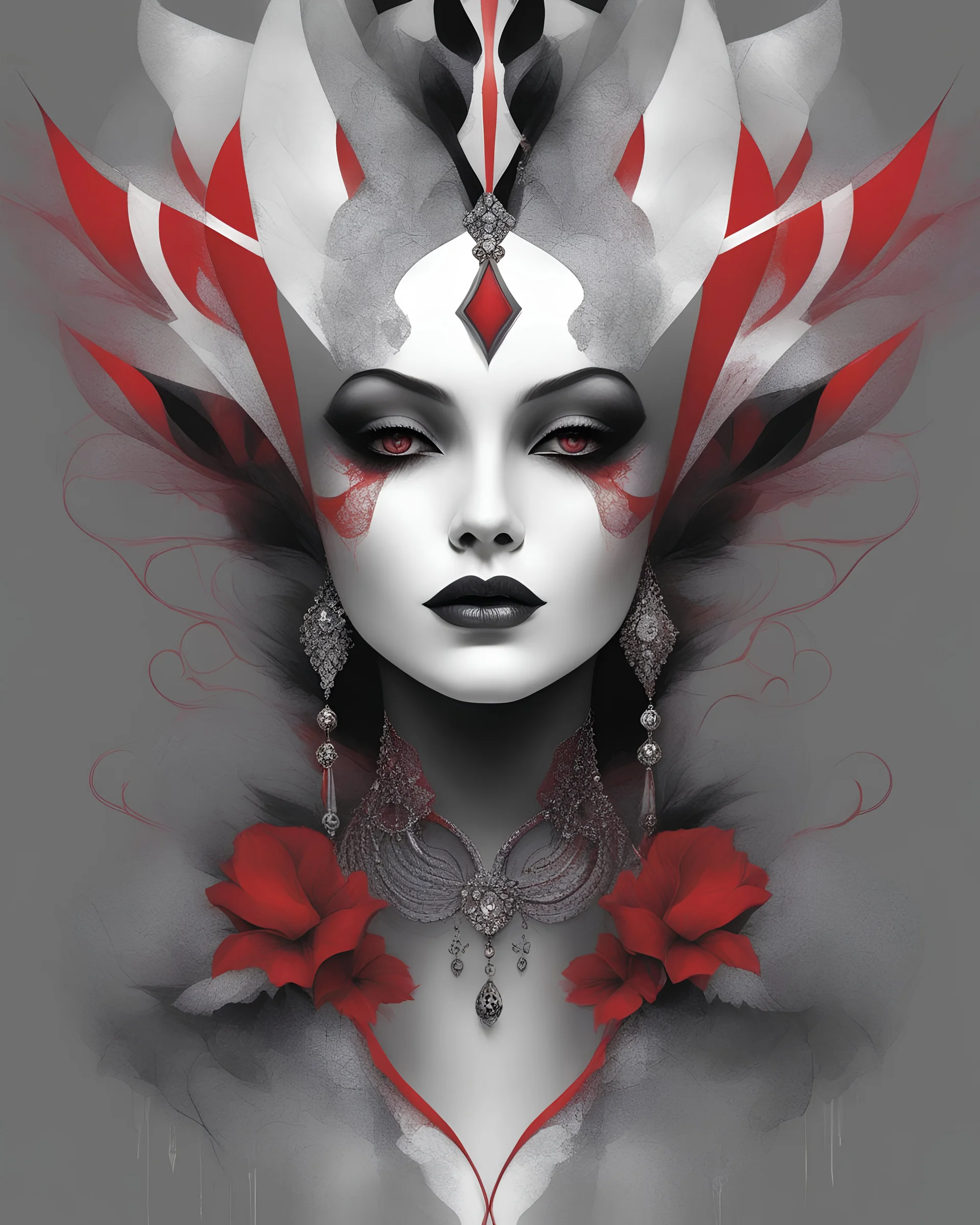 Anne Bachelier art style. Harlequin face fading into a gray background. In black, red and white. Volumetric. Exquisite detail., fashion, line art, illustration