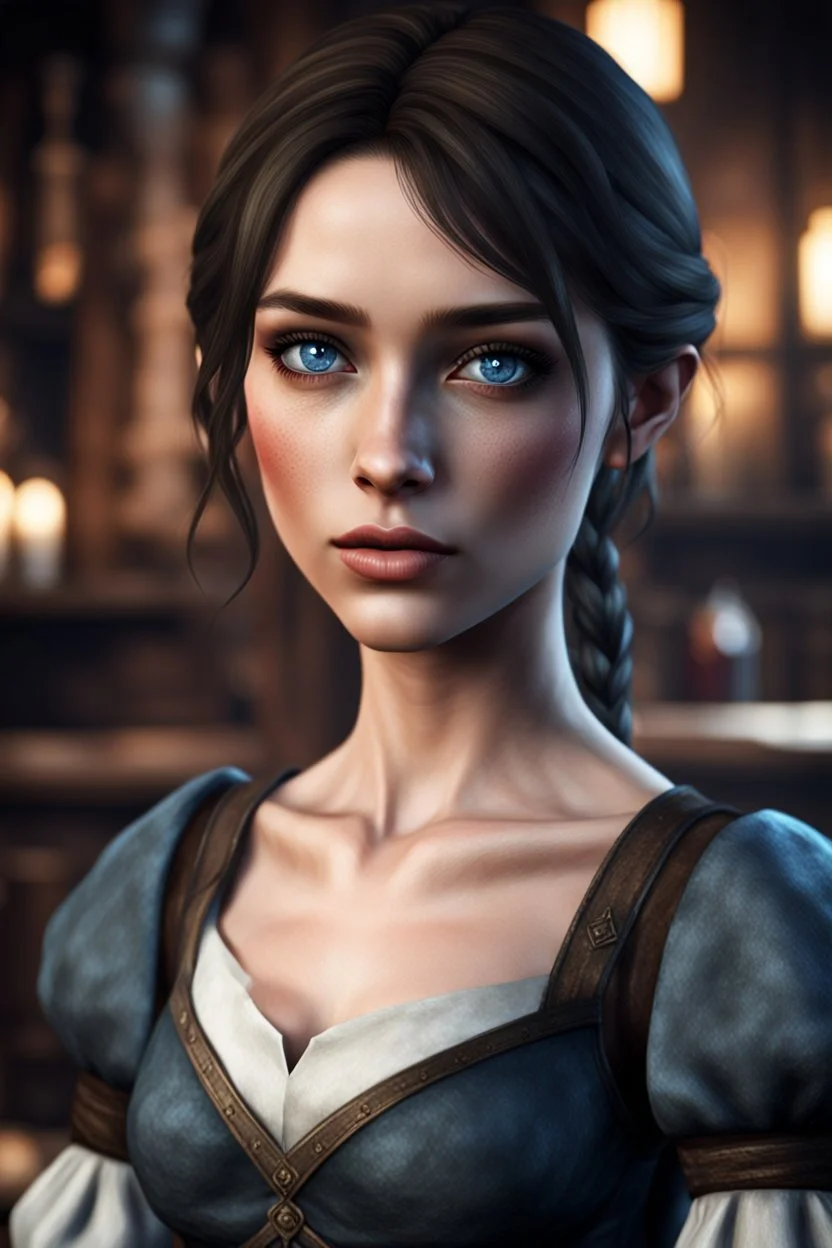 A young female imperial barmaid from Skyrim with sad blue eyes, brunette, melancholic, wholesome, medieval dress