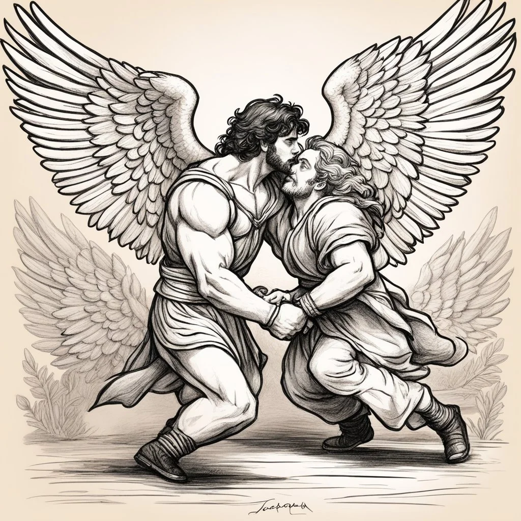 [hand drawn illustration by Serpieri] Jacob wrestling with angel