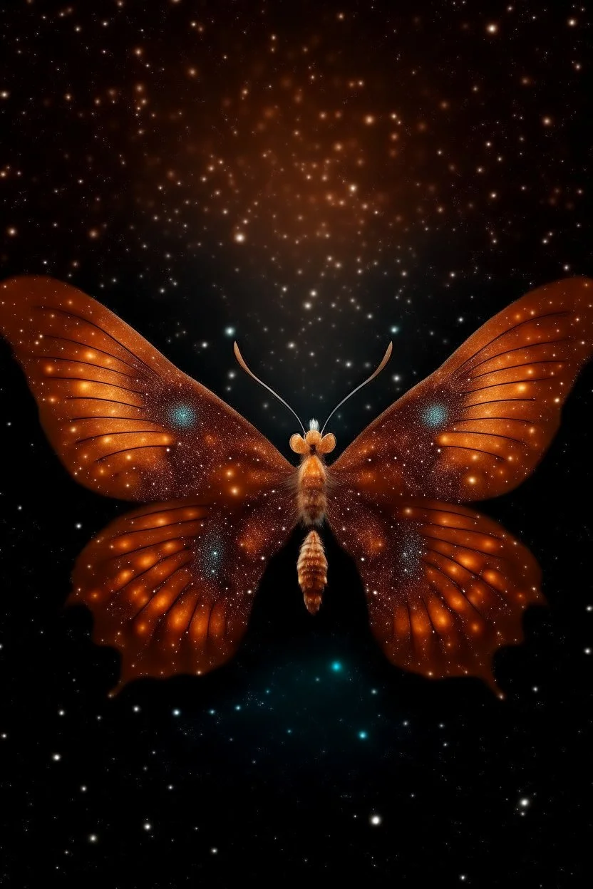 A light luminous brown butterfly in a galaxy of stars in space