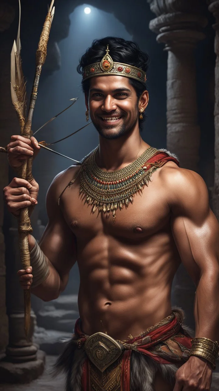 Hyper Realistic shirtless muscular handsome short black hair Indian King smiling wearing crown & holding bow & arrow in dark catacombs with traditional pillars at night