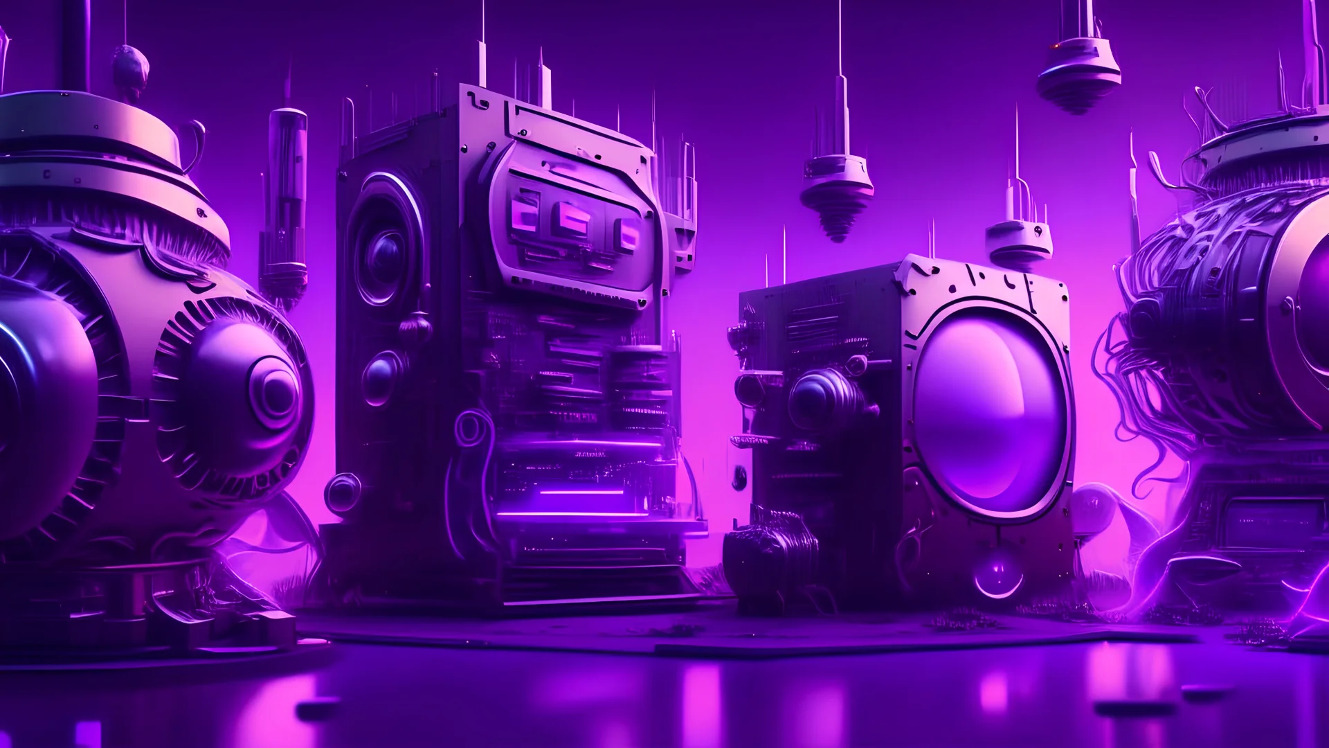 five different giant magic generator machines side by side with lots of gadgets, purple tones, dreamy, psychedelic, 4k, sharp focus, volumetrics, trippy background