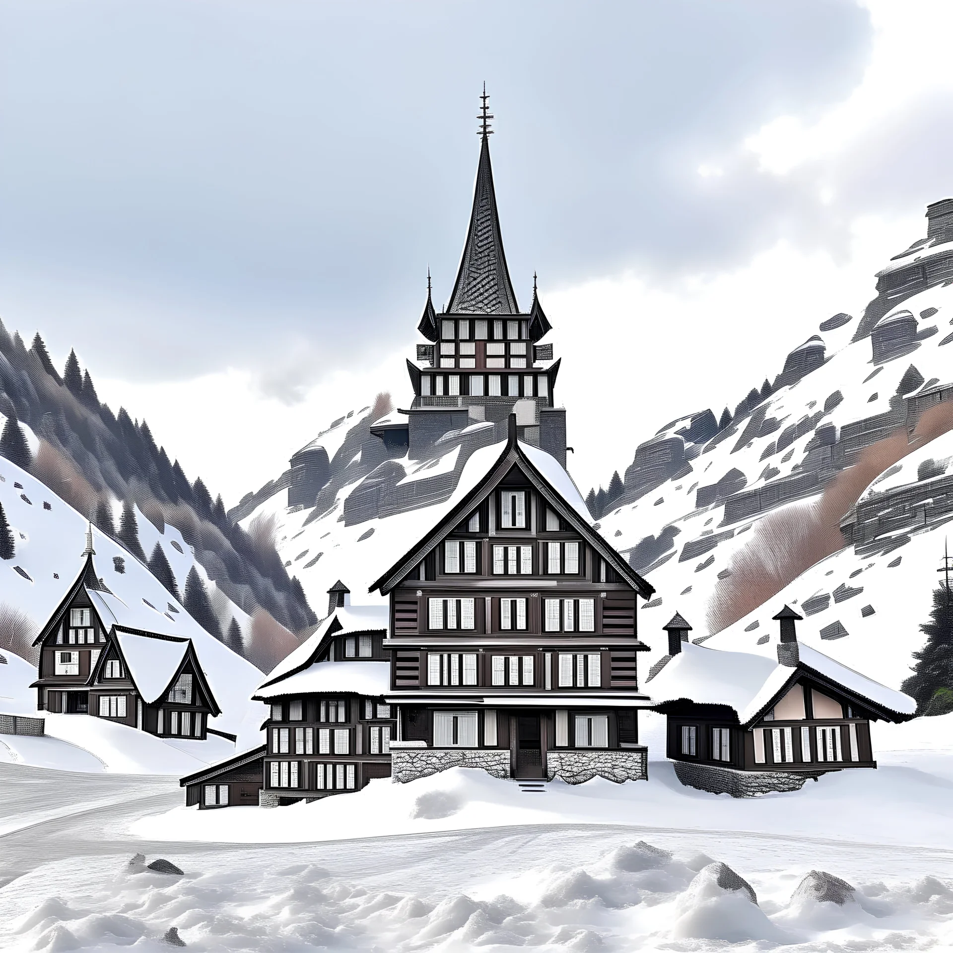 Snowy mountain hill in zermatt. Tiny house in the middle: interesting architecture. Different and unique but still fits into place