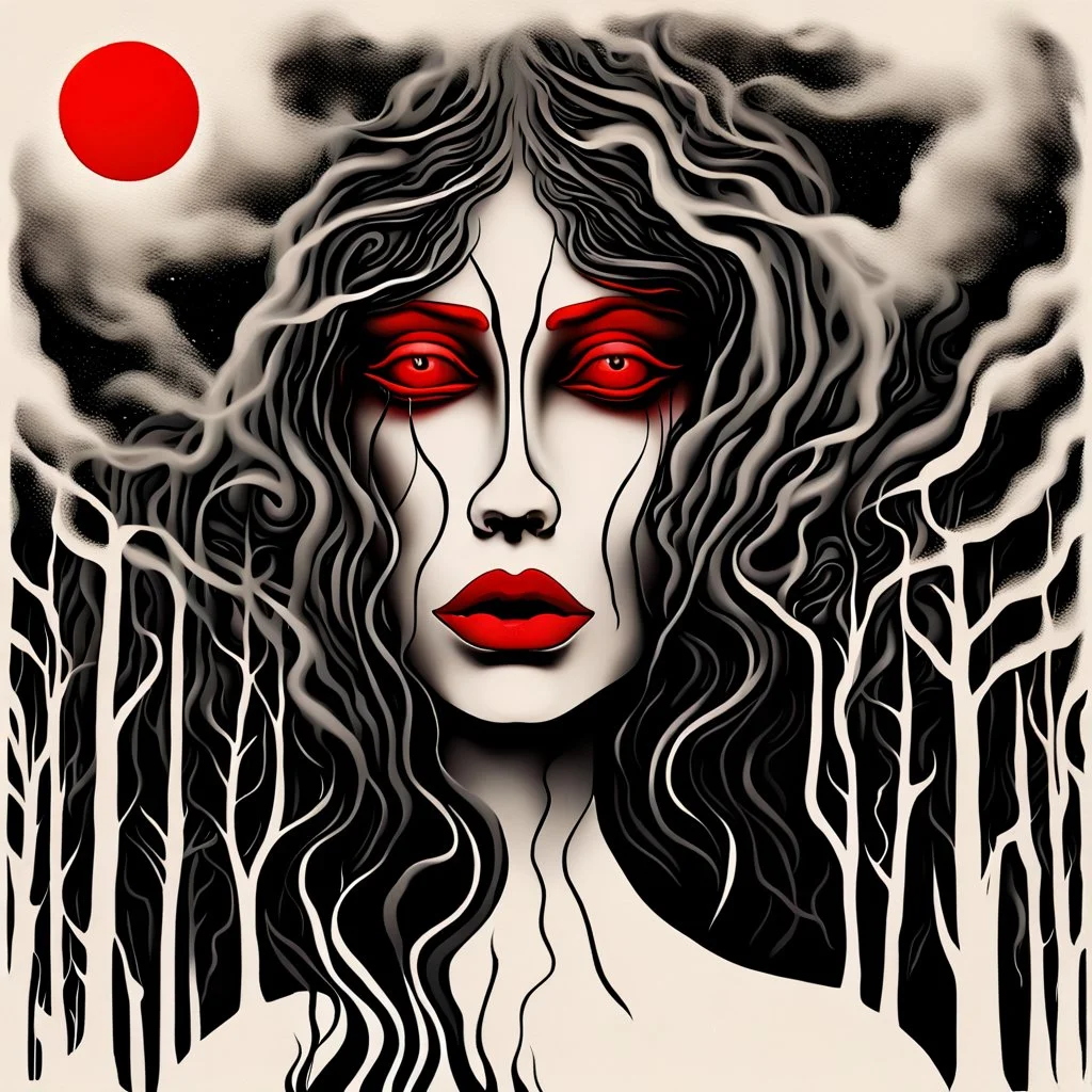 This haunting digital artwork depicts a surreal and dreamlike scene in a forest setting at night. The central focus is a massive, spiritual face seemingly created by swirling clouds or smoke against the background of the night sky. The face looks like a woman's, with distinct red lips and piercing eyes peering out from the stormy forms. The full moon glowed ominously behind the face, its light casting an eerie illumination on the barren trees lining the forest path below. The atmosphere is one