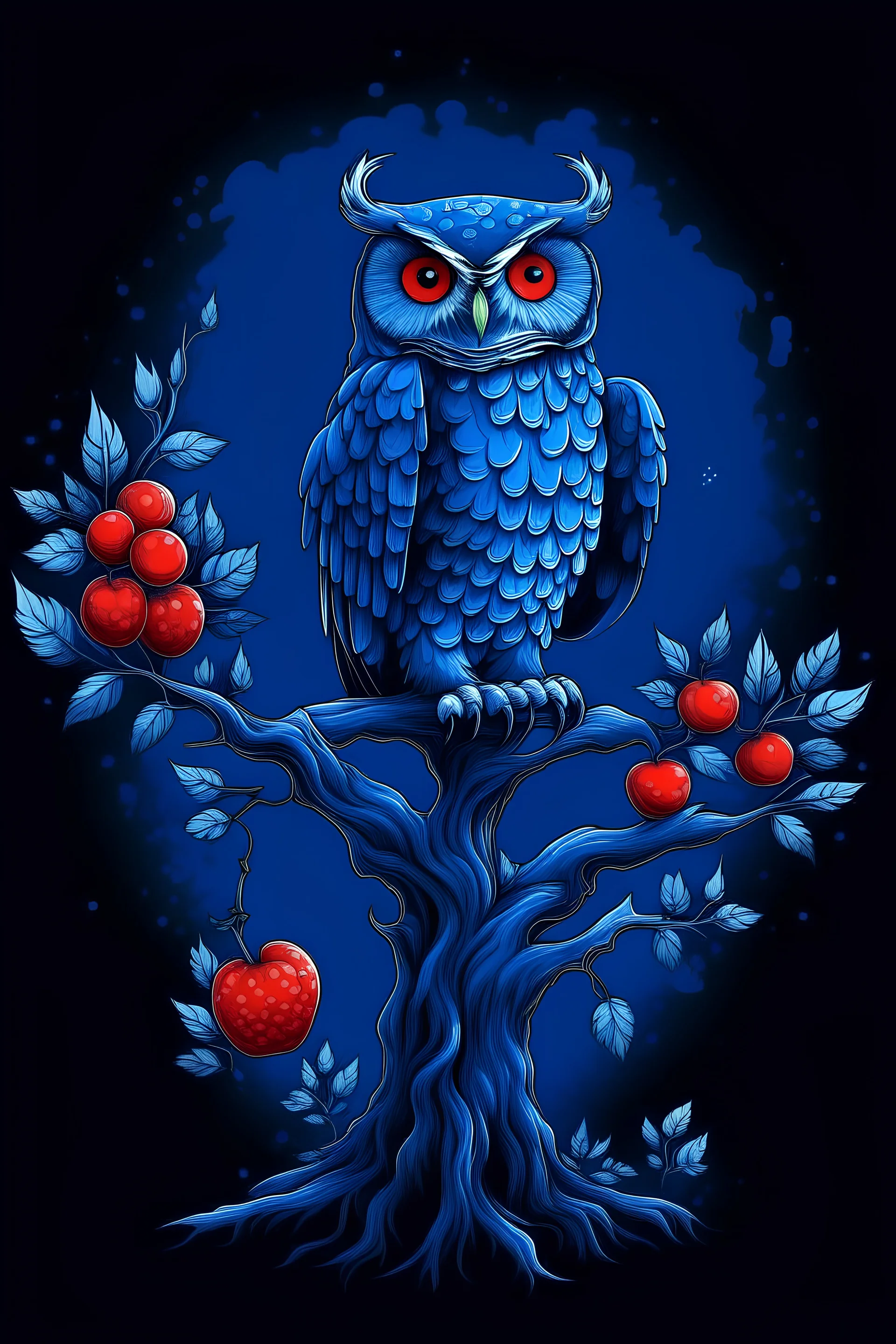 Tree with owl strawberry night blue tecnology