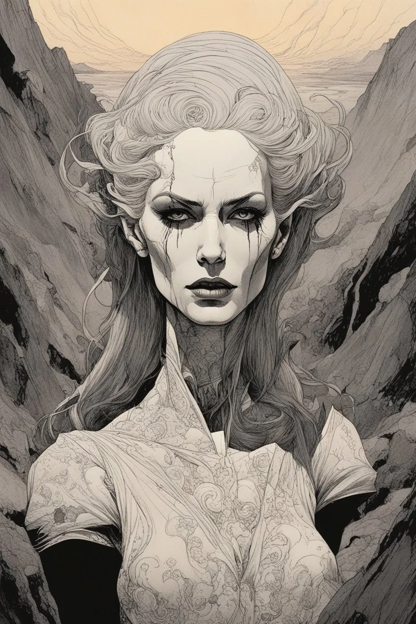 create a highly ethereal, darkly magical surrealist portrait illustration of the mother of vampires, Lamae Bal, with highly detailed and deeply cut facial features, in the chaotic, turbulent, otherworldly landscape of Coldharbour in the comic art style of BILL SIENKIEWICZ and JEAN GIRAUD MOEBIUS, searing lines and forceful strokes, precisely drawn, inked, and darkly colored