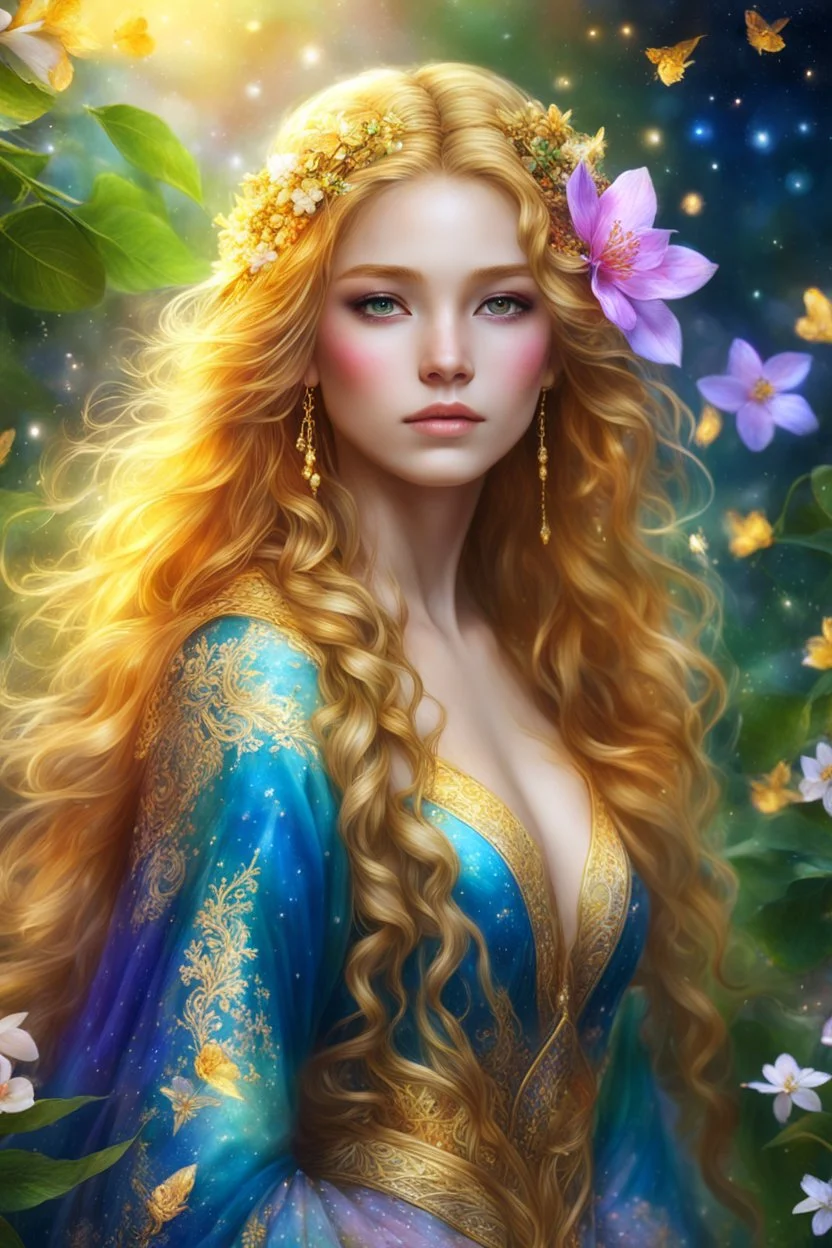 Halfbody Gorgeous adorable photography realistic, beautiful fantasy art, colorful, vibrant colors, high detailed, high quality, 8k. She was a pretty young girl with flowing golden hair, wearing a full dress with a colorful jasmine flower pattern. She lived in a magical world, where the nights were glowing with stars and fireflies.