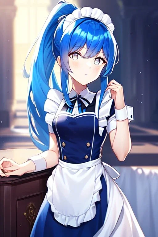 girl, masterpiece, best quality, cinematic lighting, detailed outfit, perfect eyes, blue hair, long hair, white eyes, ponytail, maid,