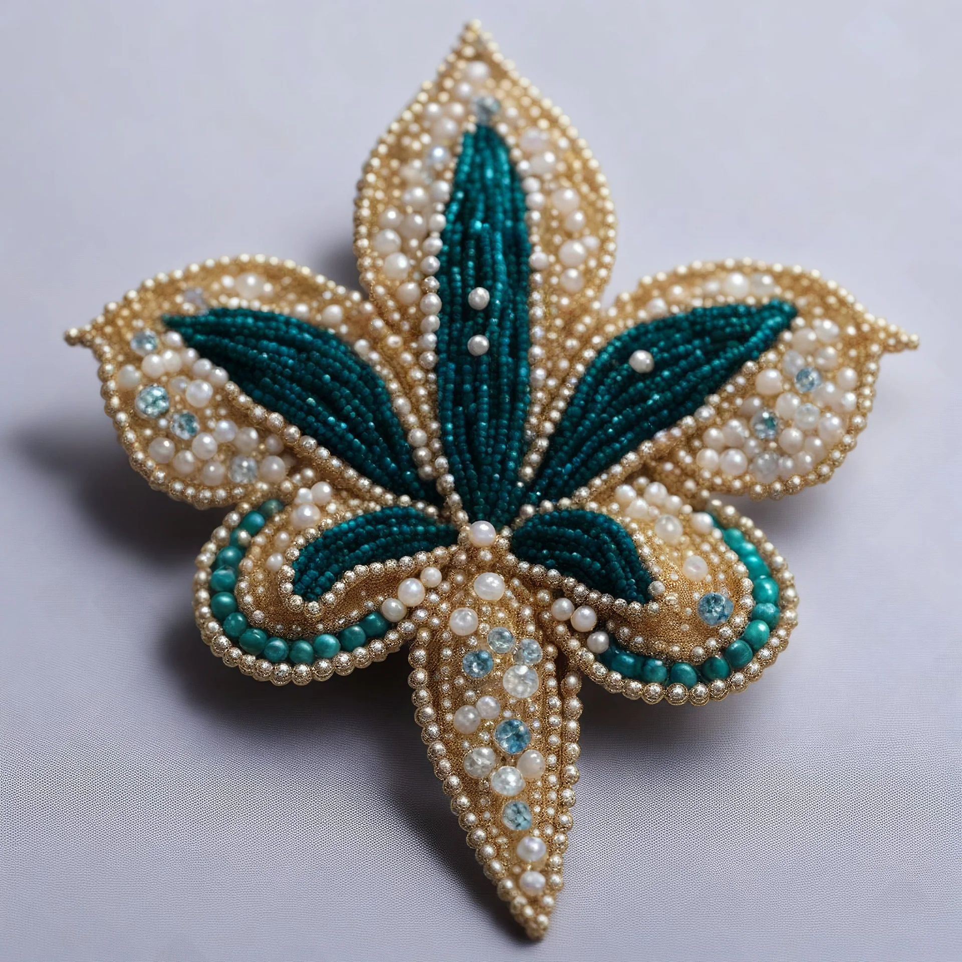 An elegant handmade brooch, richly embroidered with beads, bugles, sequins, crystals and stones, in the shape of a royal lily, a bold and intricate design, sparkling and eye-catching, will be the perfect complement to an evening outfit, luxurious and detailed.