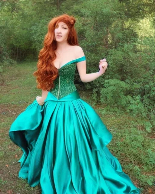 Magic princess with long auburn hair in a big teal green and gold satin ballgown corset off shoulder top casting magic