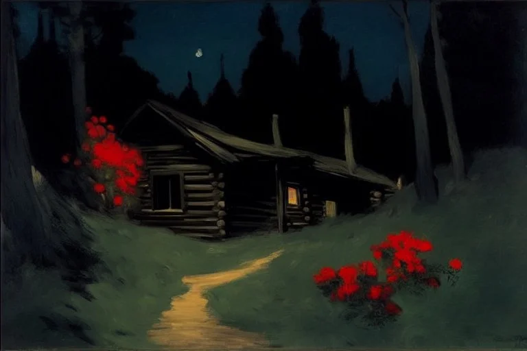 Night, cabin, pine trees, pathway, red flowers, edouard manet impressionism painting