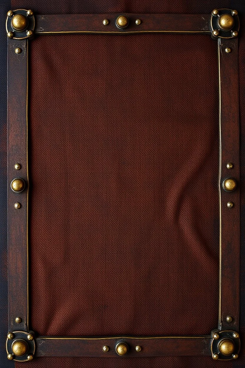 darker textured fabric background, framed by decorative western style brass elements in each corner