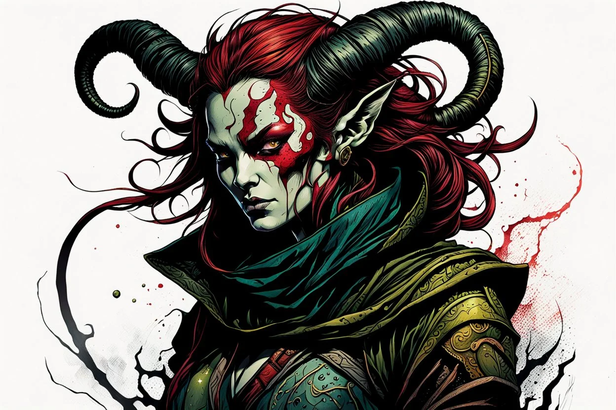 highly detailed color woodcut concept illustration of a world weary, female stealthy rogue Tiefling fantasy character , maximalist, sharp focus, highest resolution, in the styles of Alex Pardee, Denis Forkas , Bill Sienkiewicz, and Masahiro Ito, boldly inked, 8k, coarse, gritty textures