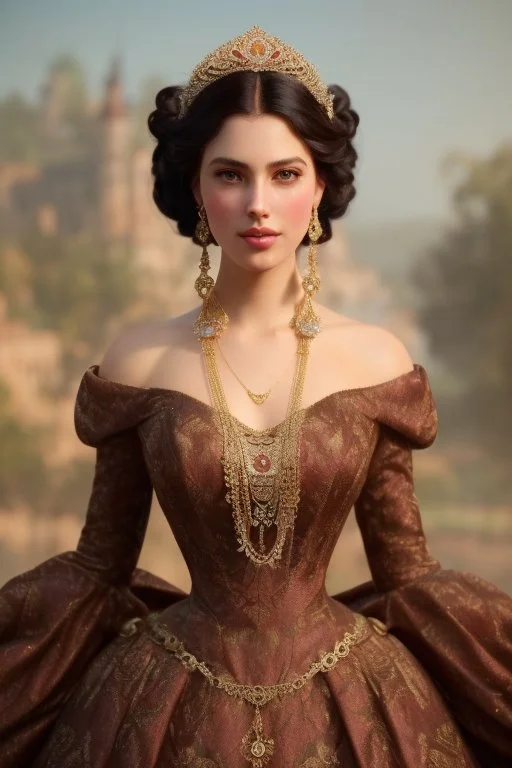 long shot beautiful and gorgerous duchess with incredible jewellery in 19th century clothing by Greg Rutkowski and Artgerm and Emile Vernon and Vladimir Volegov, in a brown dress, mystical castle background, art illustration, natural beauty, muted colors, pastels, perfect fingers, higly detailed, expressive, high detail, symmetrical, digital painting, symmetrical eyes, dynamic lighting, artstation, cinematic lighting, intricate artwork, emitting diodes, smoke, artillery, sparks, racks, system u