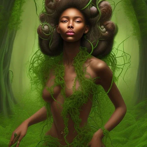 Painting .the face of A young black woman. A wood nymph emerging from the forest. Her hair looks like vines. Dreadlocs. Her skin is the colour of dark soil. Her skin looks like tree bark. Her clothing is made of vines, grass and leaves.