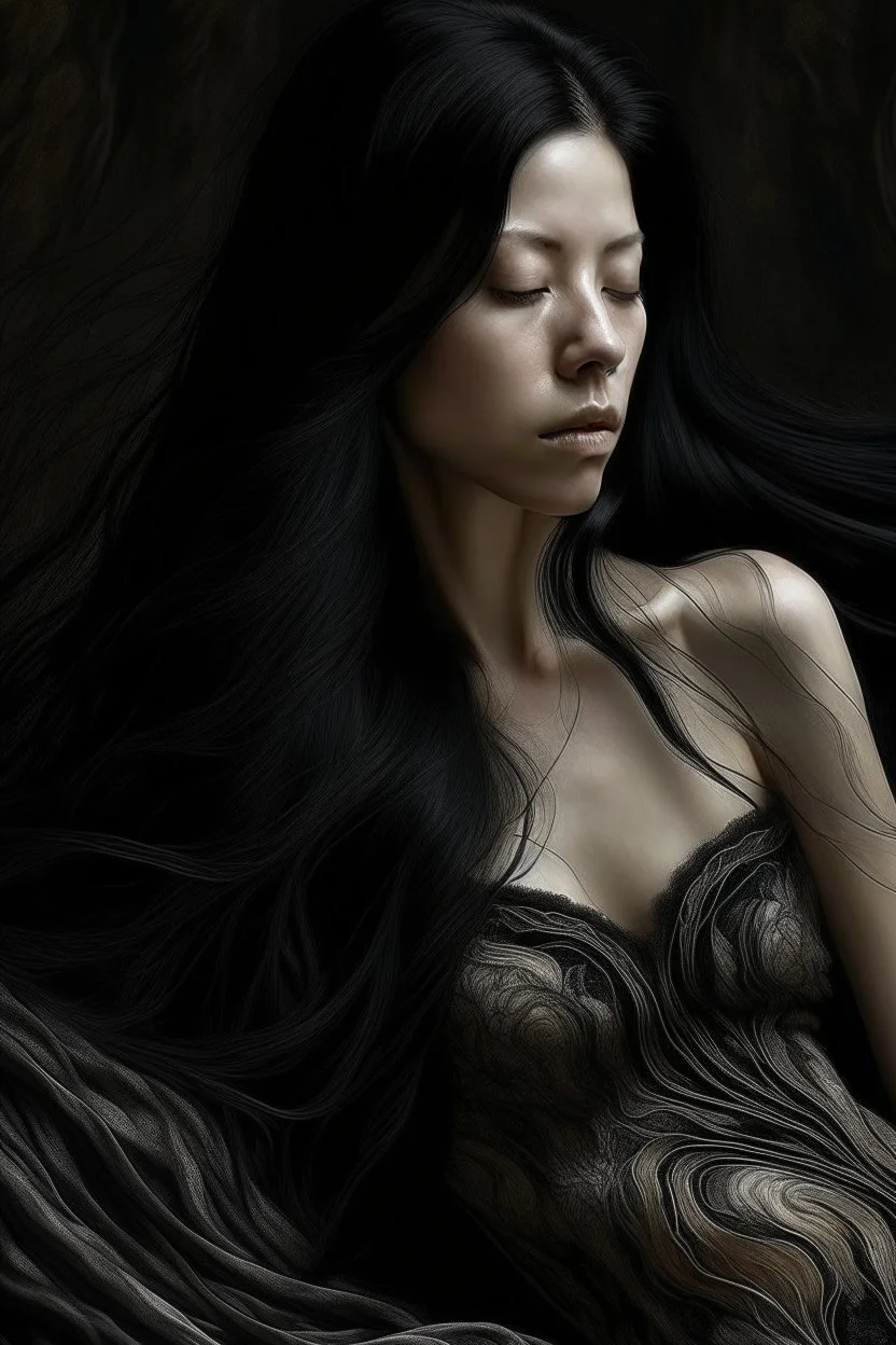 ((Hyperrealistic,hyperdetailed The image, possibly a photograph, captures the skin texture details of a incredible beautiful woman)) in lucid dreaming dress, very long black hair.