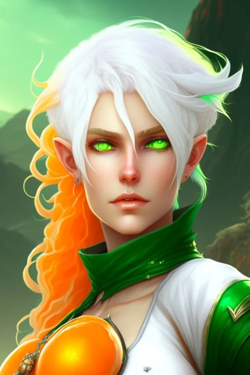 fantasy setting, woman with orange and white hair, white hair, green eyes