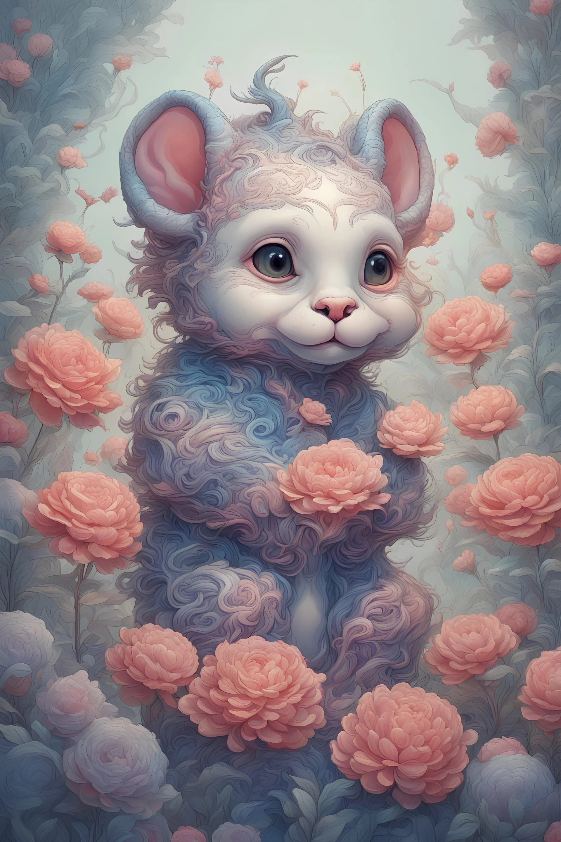 "Extremely Ultrarealistic Photorealistic cute creature holding a flower, by James Jean and Android Jones: Jeff Koons: Erin Hanson: Joe Fenton: Dan Mumford: professional photography, natural lighting, volumetric lighting maximalist photoillustration 8k resolution concept art intricately detailed, complex, elegant, expansive, fantastical:"