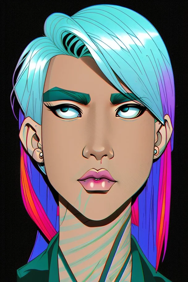 asian androgynous person, in 80's comic illustration, piercings,rainbow hair, androgynous look, epic colour treatment, cinematic colour treatment