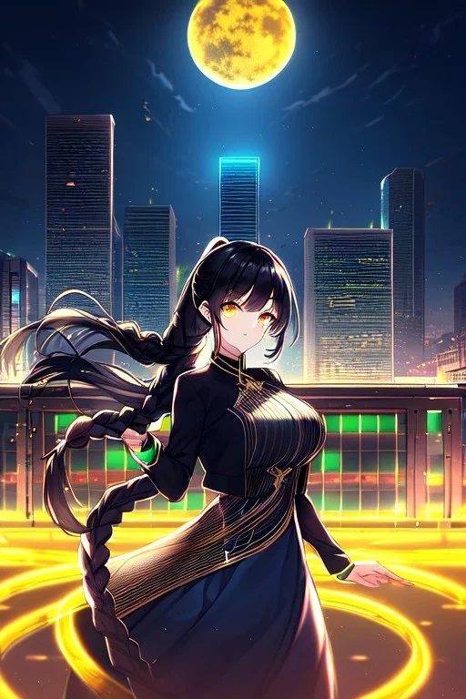 girl, masterpiece, best quality, cinematic lighting, detailed outfit, perfect eyes, black hair, golden eyes, long hair, ponytail, braided ponytail, girl standing in a modern cityscape at night with a bright yellow moon in the background, detailed cityscape illustration, neon lights, vibrant colors, dramatic lighting,