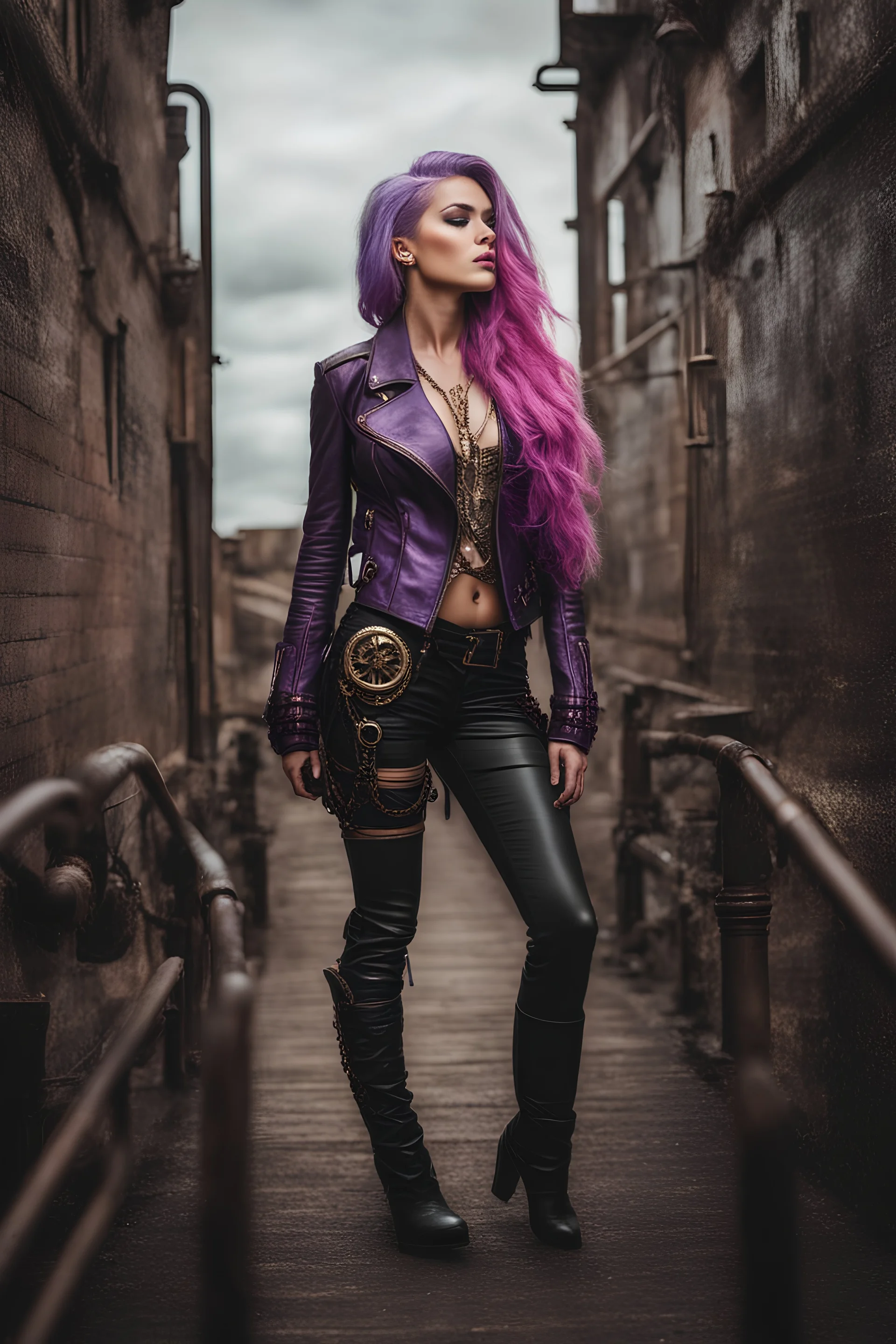 Ultra realistic photo of a steampunk woman ,, wearing leather jacket, long purple and pink hair, , 8k, highest quality,