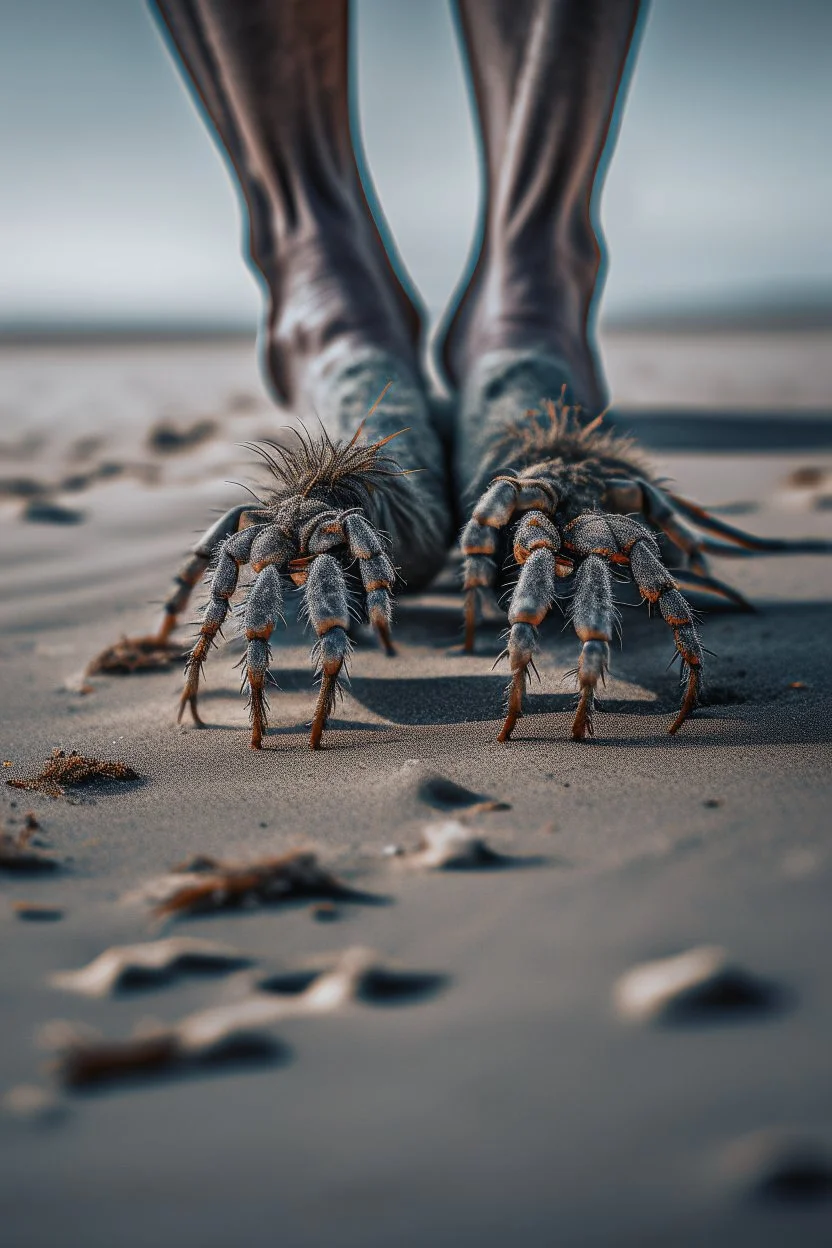 A toes looks dirty on the grey Sands and dirt on a big spider crawling