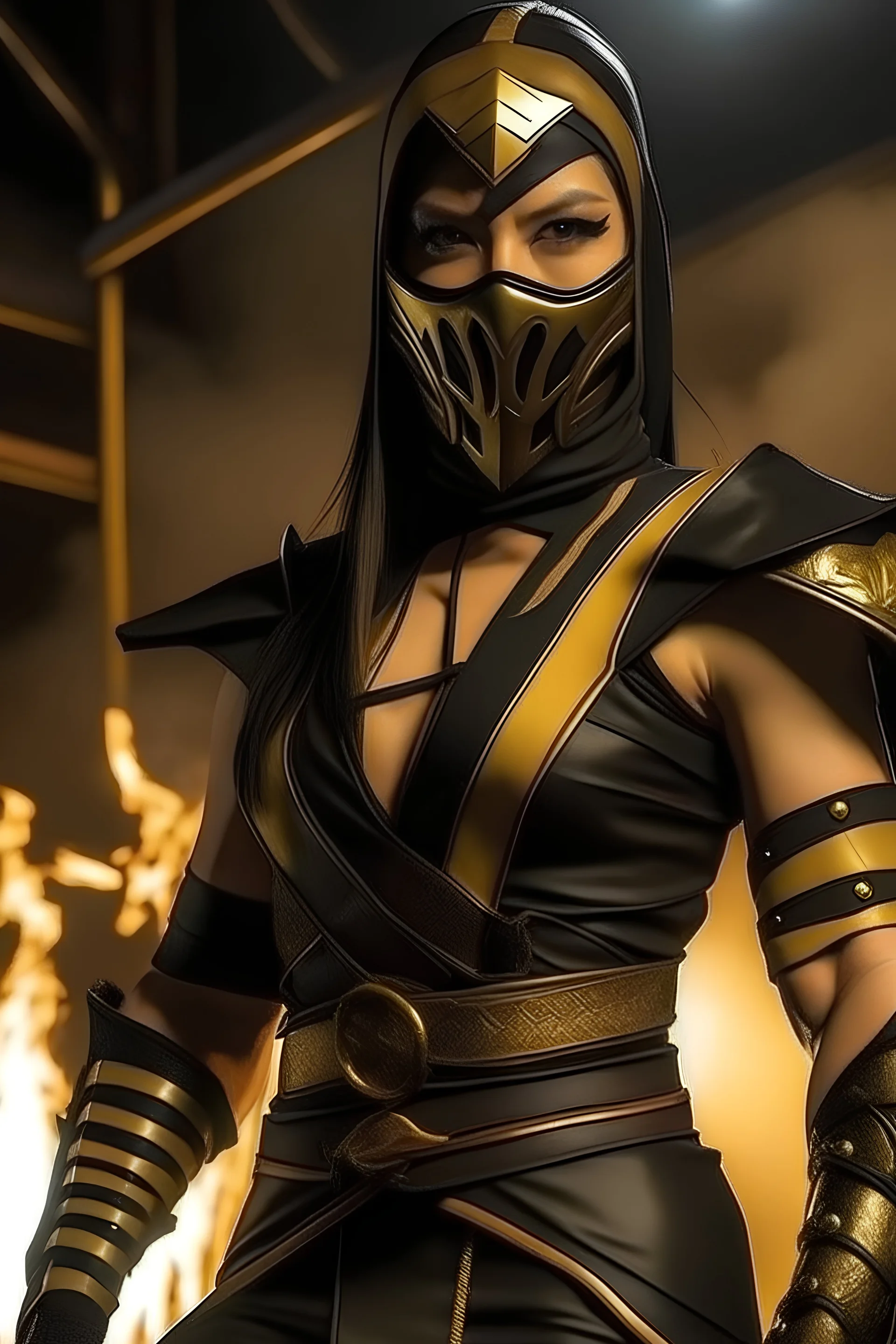 Mortal Kombat character, Asian girl with black and light gold ninja outfit, with ponytail, she has a fan as weapon, with long high heel boots and stood next to Smoke(Tomas Vrbada), she wear a gold and black mask