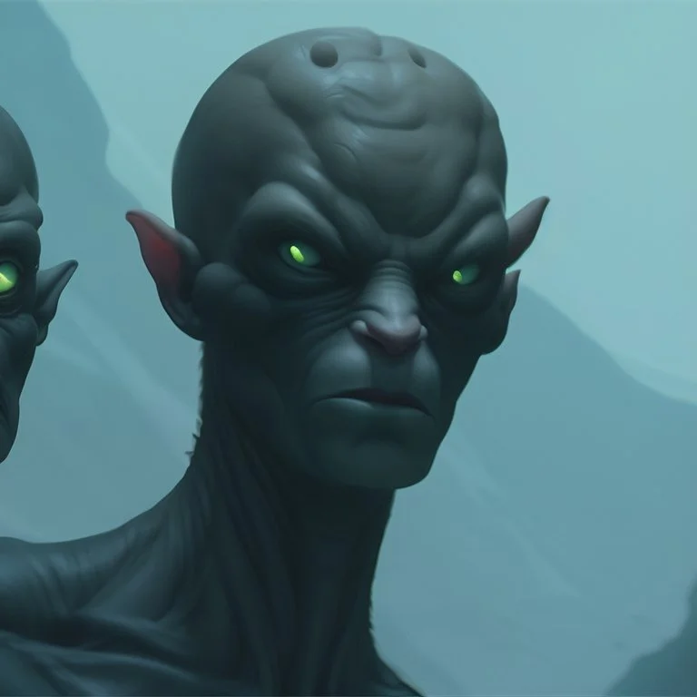 A creature with 2 bold Heads one of them happy , the other is sad . A cave with dim lights with fog in the background, dark environments, scary and good quality, 8K , cinematic scenery
