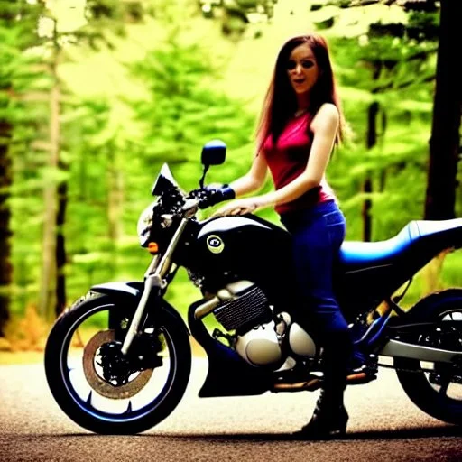 Very attractive woman sitting on a motorcycle. The bike is Yamaha. In the background is a forest.