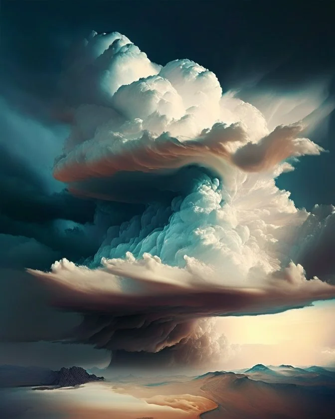 Phantasy landscape with dramatic cloud in ecru color