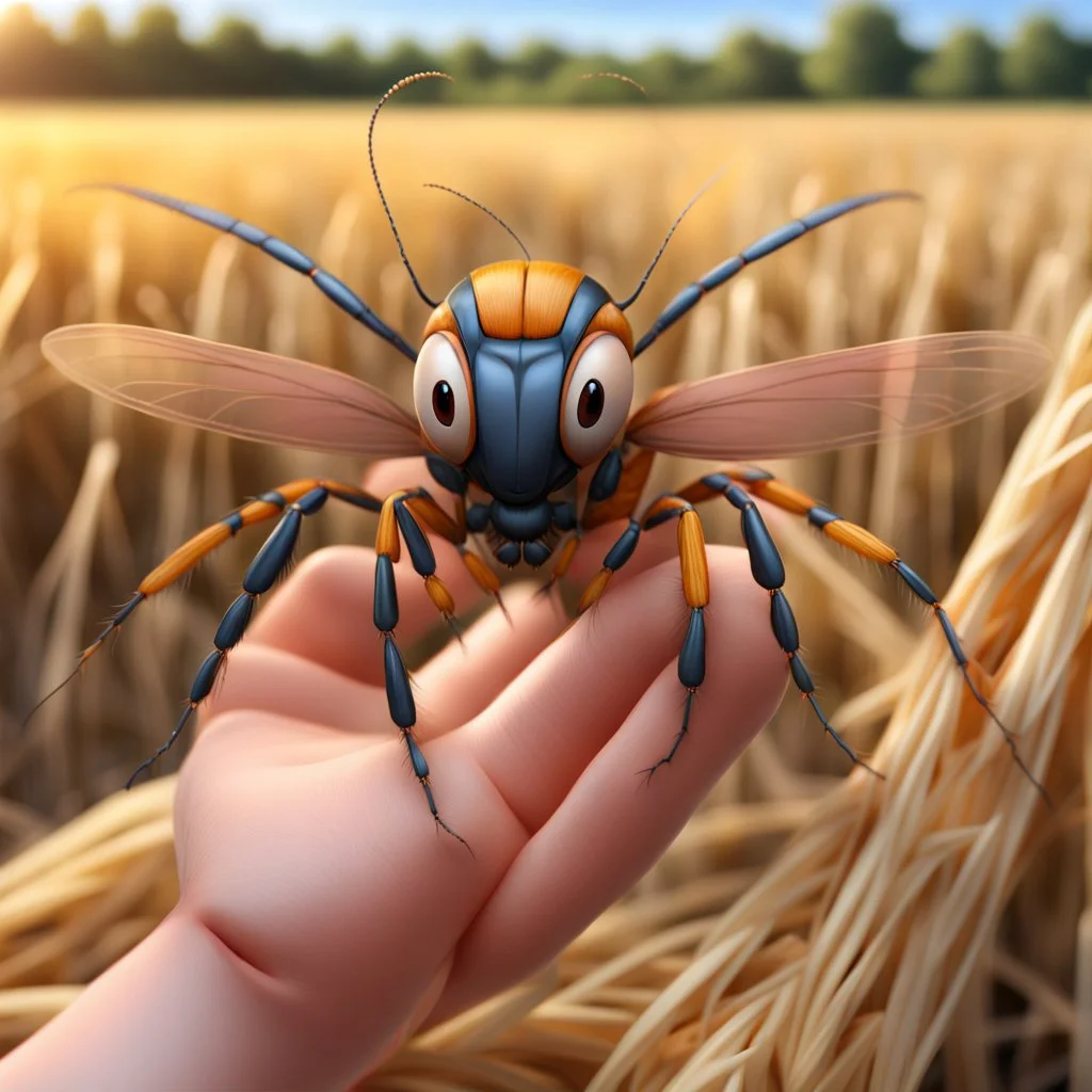 A colorful insect on a child's palm with a background of a hay field, an insect, a weta disney pixar, an insect, a still image of a weta disney, a weta disney, which looks like an insect, a portrait of an insect, a picture of a crazy wasp, a 3D rendering of a complex wasp, Folded Insect Forearms, Weta, Giant Insects, Weta Studio, Thopter from magic the collection