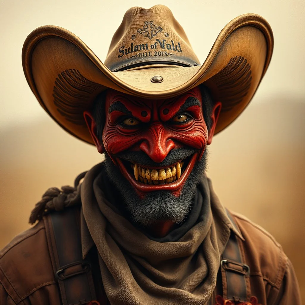 Evil wild west red skinned bandit smiling