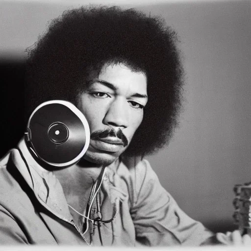 a realistic portrait of Jimi Hendrix at a turntable with headphones on being a DJ, vivid color, with sunglasses