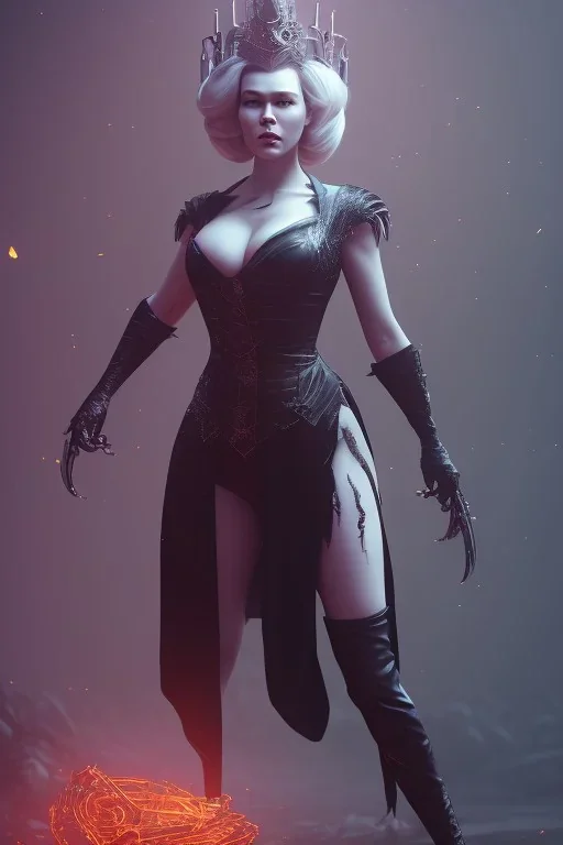 Hannah Waddingham as evil queen in black leather, busty, cleavage, dominatrix, curvy, angry, stern look. character design by cory loftis, fenghua zhong, ryohei hase, ismail inceoglu and ruan jia. unreal engine 5, artistic lighting, highly detailed, photorealistic, fantasy