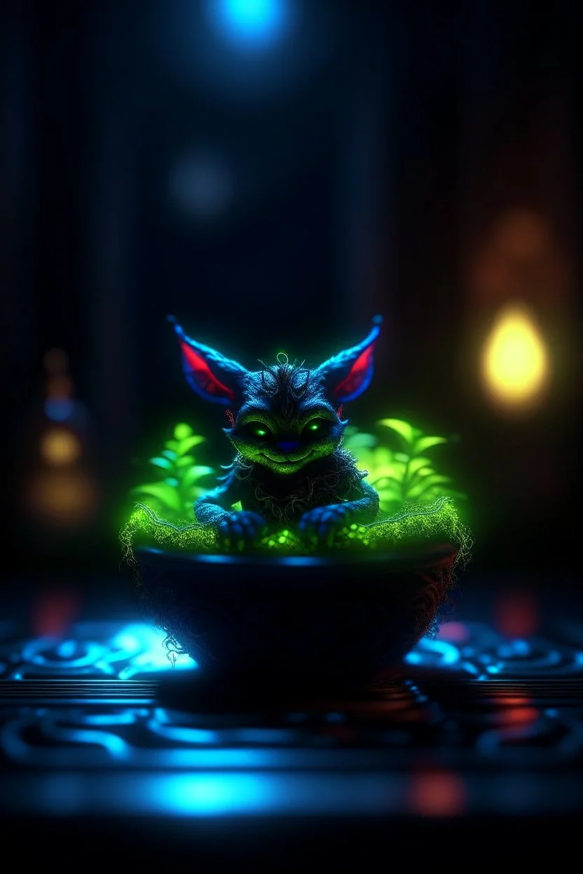 neon outline, awake within a magical nightmare, cauldron with shining sigil and containing a slightly alien fur ball gremlin plant in it, prize winning oil painting, ,bokeh like f/0.8, tilt-shift lens 8k, high detail, smooth render, down-light, unreal engine