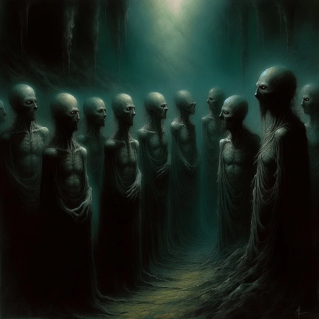 malignancy of nightmares depicting a fear of being alone, a conveyor belt of faceless heads on the Human Misery scale, Style by Zdzislaw Beksinski and Stephen Gammell