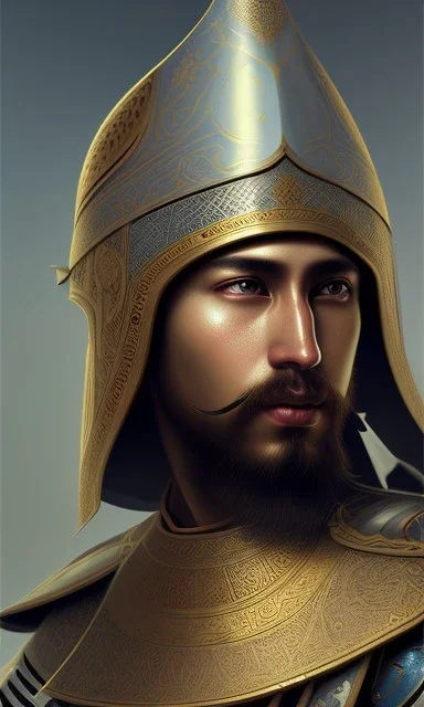 Islamic army commander from the Mamluk era, chin, shield, sword, helmet, mare , full body, cinematic, 8k, resolution concept art portrait by Greg Rutkowski, Artgerm, WLOP, Alphonse Mucha dynamic lighting hyperdetailed intricately detailed