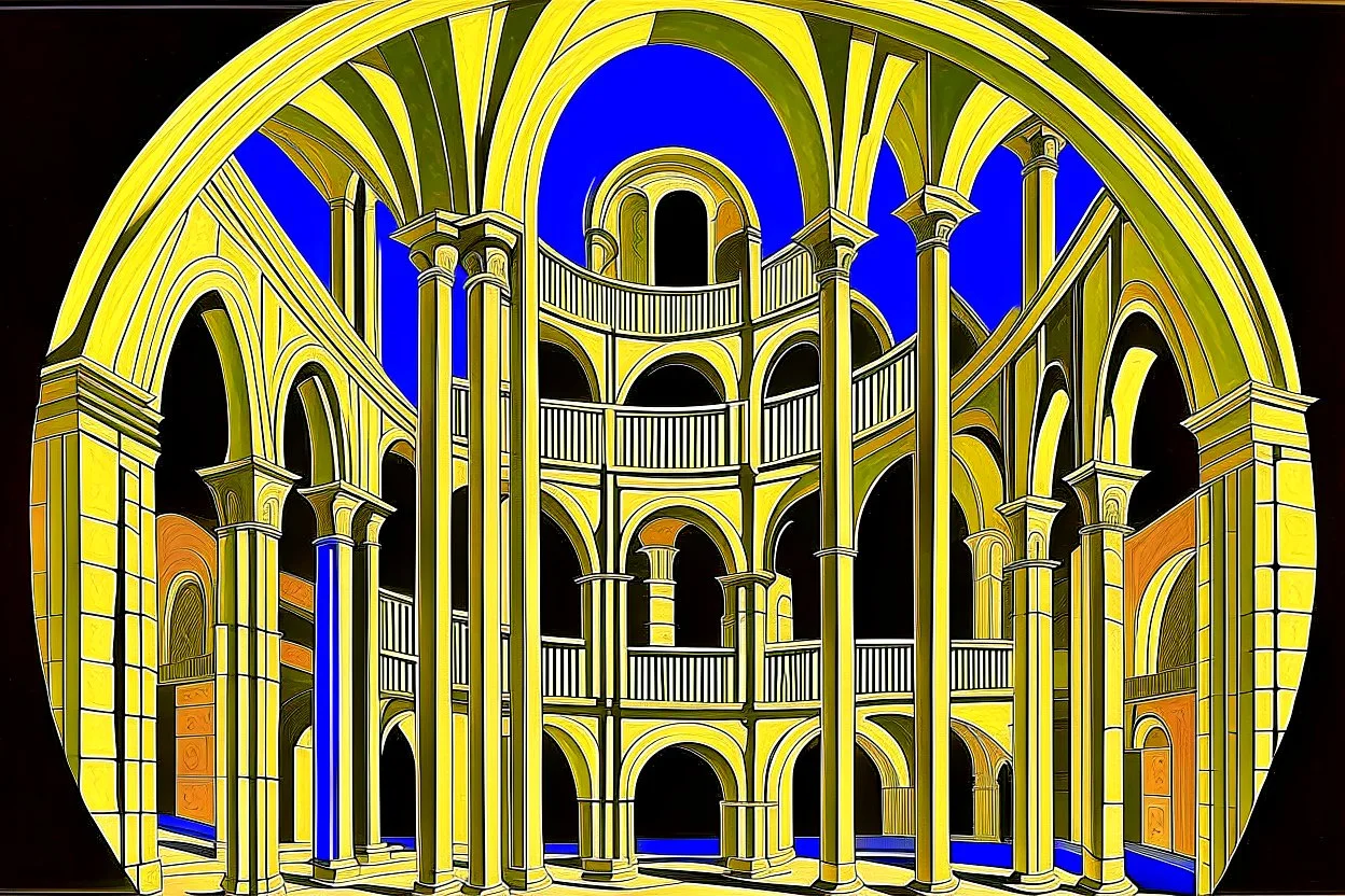 arches arranged in a semicircle, in the middle a slim round tower with an external spiral staircase, symmetrical, by artist "de Chirico",by artist by artist "Escher"