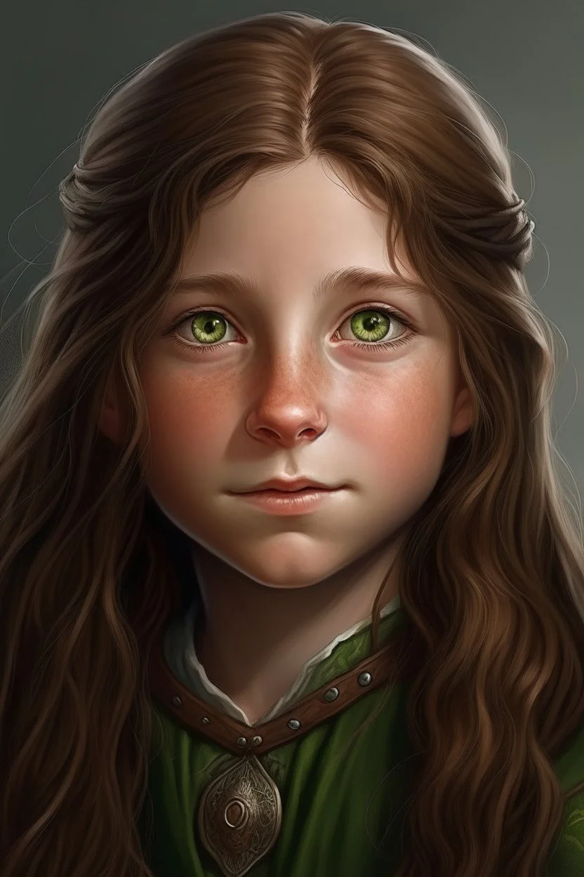 Portrait of female halfling with long Brown hair, green eyes, 40 years