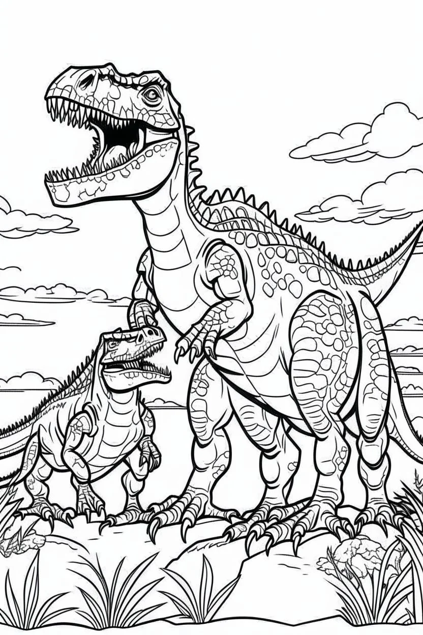 A coloring page, white background I scene of a T-Rex family greeting the morning sun together, with the parents and offspring basking in the warm sunlight as they begin their day. ink drawing clipart, simple line illustrations, colored